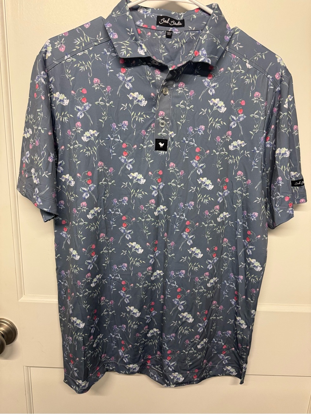 Bad Birdie Men's Floral Polo in Slate Blue with Pink Accents